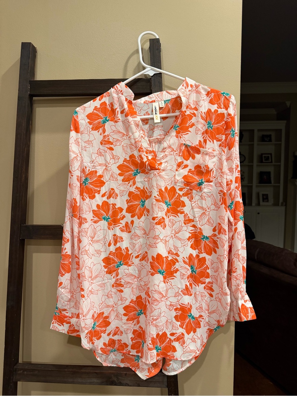 LARA White Blouse with Orange Floral Print